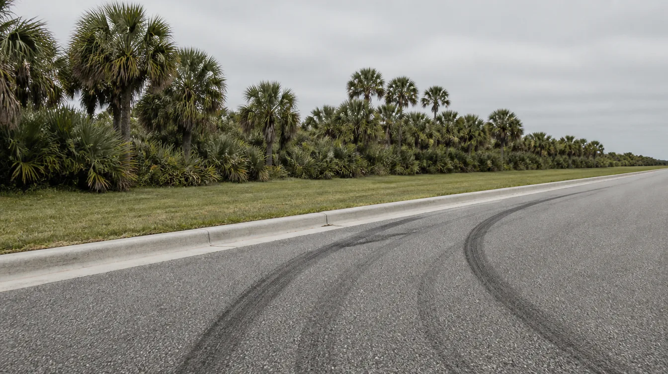 Skid marks curving across the shoulder of a Florida road lined with palms