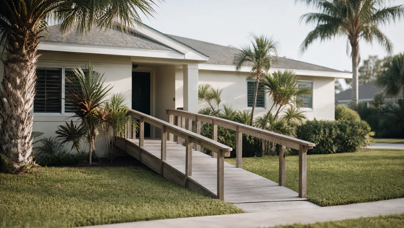 A timber wheelchair ramp built onto the front entry of a Florida home