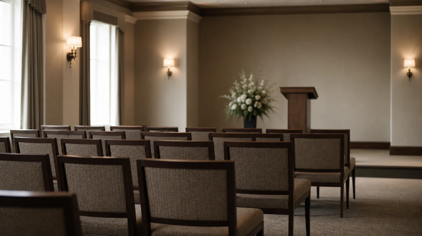 The empty chapel of a funeral home, chairs facing a lectern and flowers