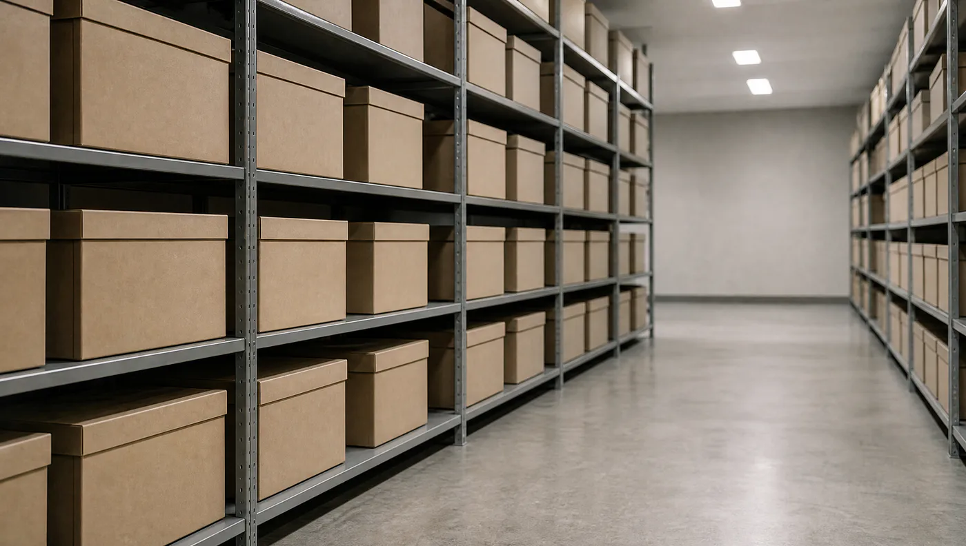 A records room with rows of closed filing drawers